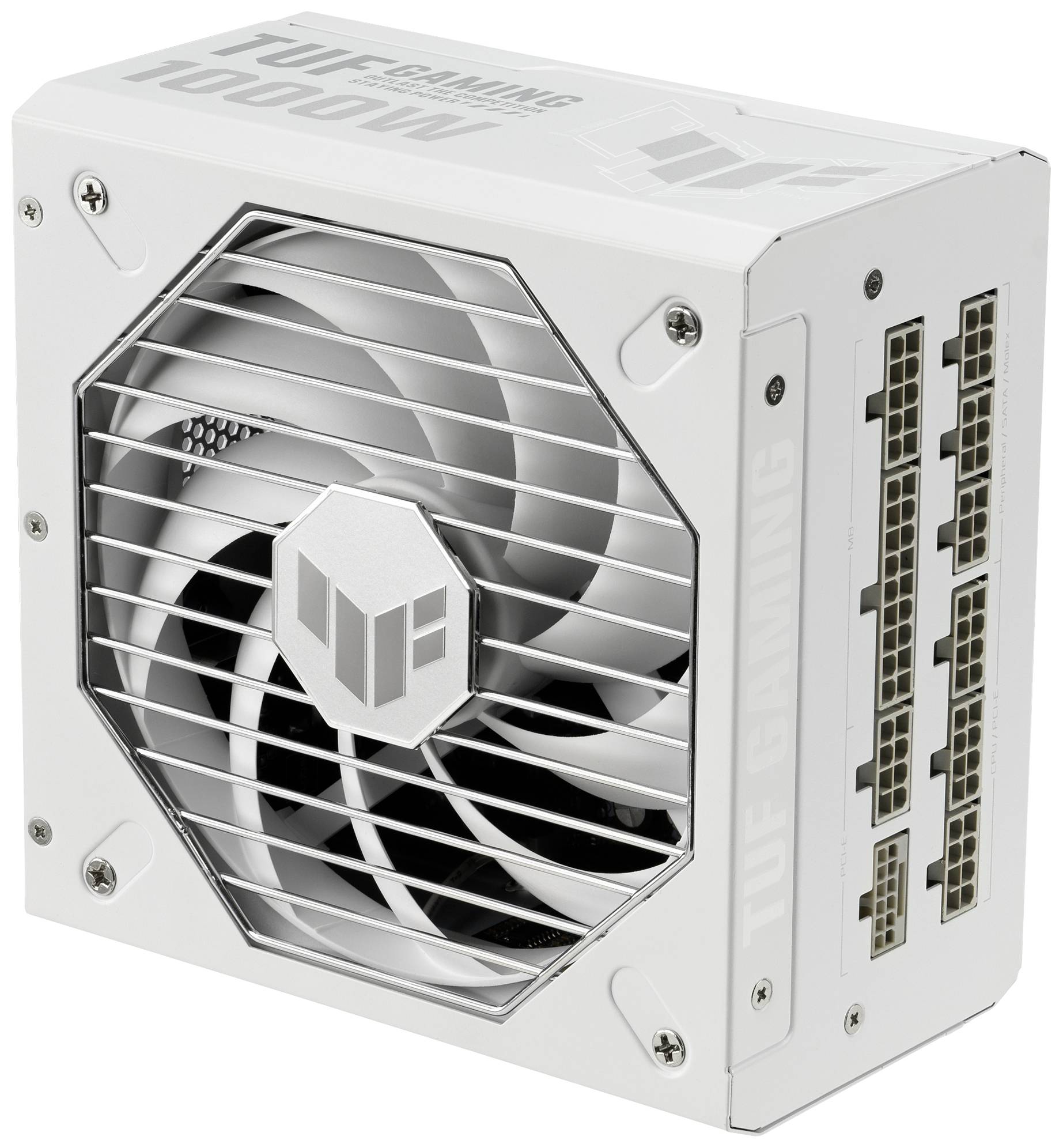 Biele počítačové napájanie s ventilátorom a viacerými pripájacími portami. Model: TUF Gaming 1000W, vhodný pre herné počítače.