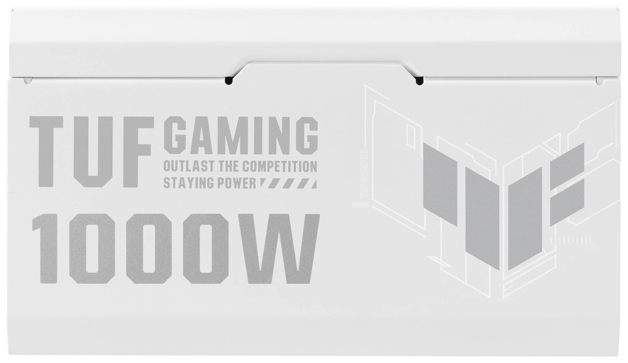 Biely kryt 1000W hernej napájacej jednotky TUF Gaming s sivým logom a sloganom 'Prekonaj konkurenciu'.
