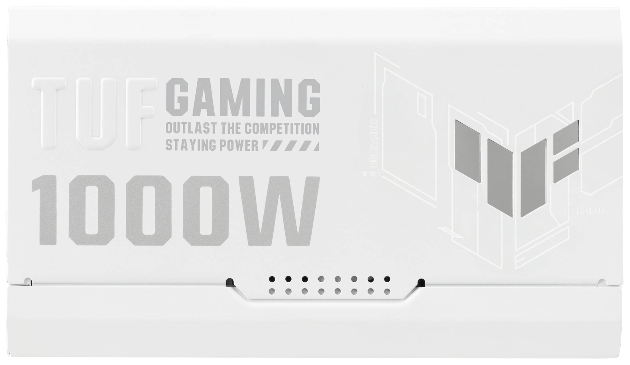 Biely napájací zdroj s nápisom 'TUF Gaming 1000W', sivým logom TUF a sloganom 'Prekonaj konkurenciu, výdrž v hre'.
