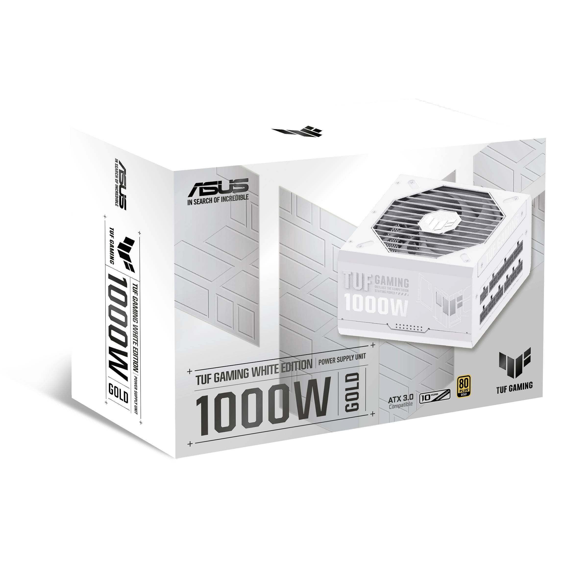 Biela škatuľa napájacieho zdroja ASUS TUF Gaming 1000W Gold. Obsahuje špecifikácie ako ATX 3.0 a certifikáciu 80 PLUS Gold.
