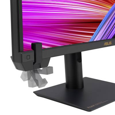 Monitor ASUS s živými, farebnými pruhmi na obrazovke. Pripevnený na držiaku, stojí na stabilnej podstavci.