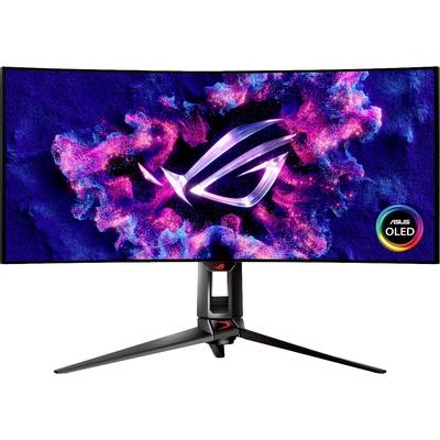 Zakrivený monitor ASUS ROG s podsvietením loga. Svetelné efekty zobrazujú živé, pestré farby. Logo značky 'ASUS OLED' je viditeľné.