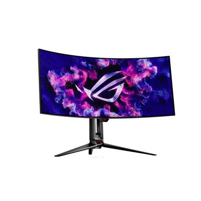 Zakrivený herný monitor s živým, viacfarebným pozadím a logom ROG v strede; dizajn zdôrazňuje dynamickú hernú atmosféru.