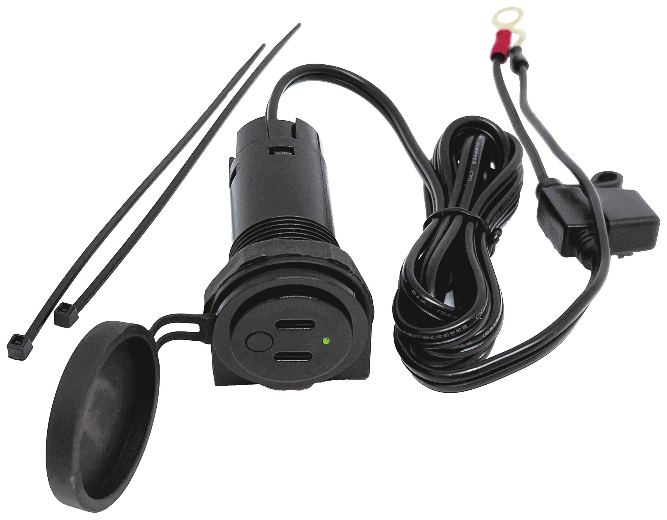 USB nabíjačka do vozidla s dvoma USB-C portami a zeleným LED indikátorom, vrátane káblovej svorky a pripájacieho kábla.