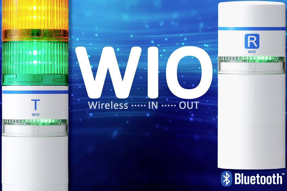 Bezdrôtový IN-OUT systém 'WIO' so svetelnou signalizáciou v zelenom, žltom a oranžovom farebnom prevedení. Logo Bluetooth v pravom dolnom rohu. Modré pozadie.