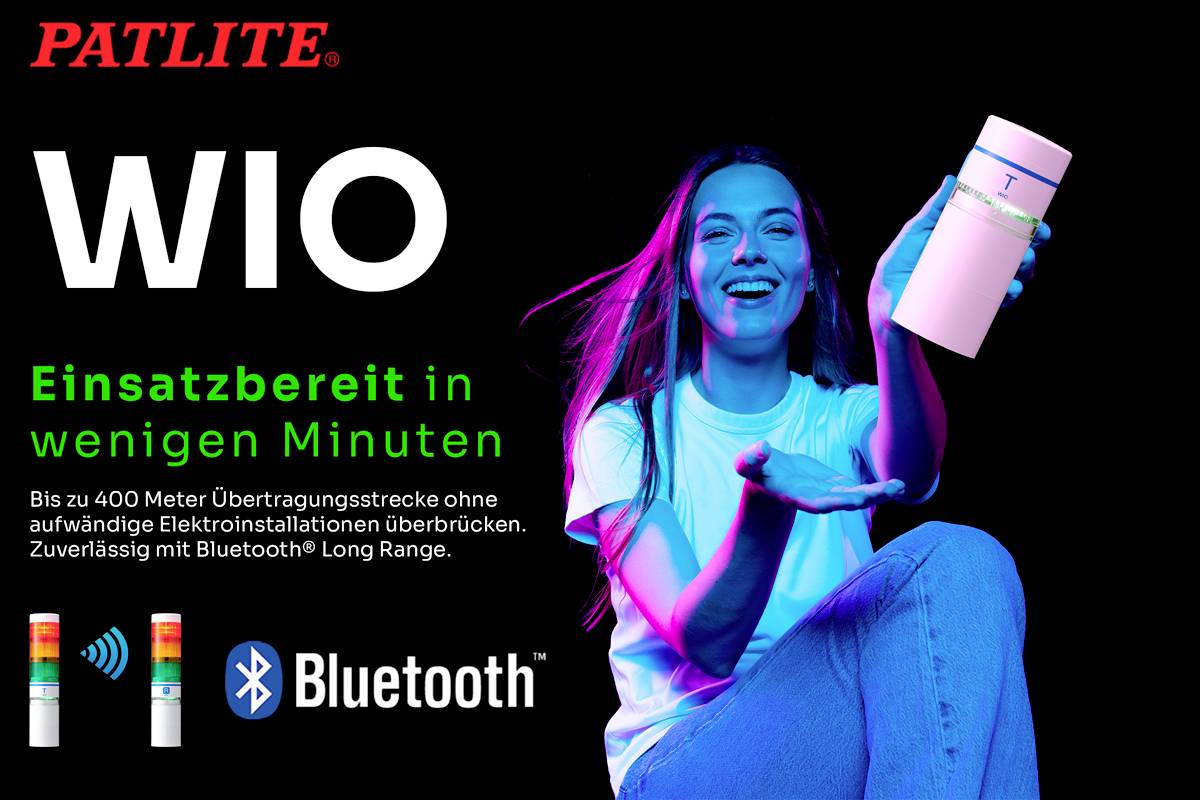 Žena sa usmieva a drží zariadenie. Text: 'WIO Pripravené na použitie za niekoľko minút', 'Bluetooth', dosah až 400 m.