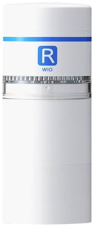 Biely, valcovitý čistič vzduchu s modrým logom a nápisom 'WIO'.
