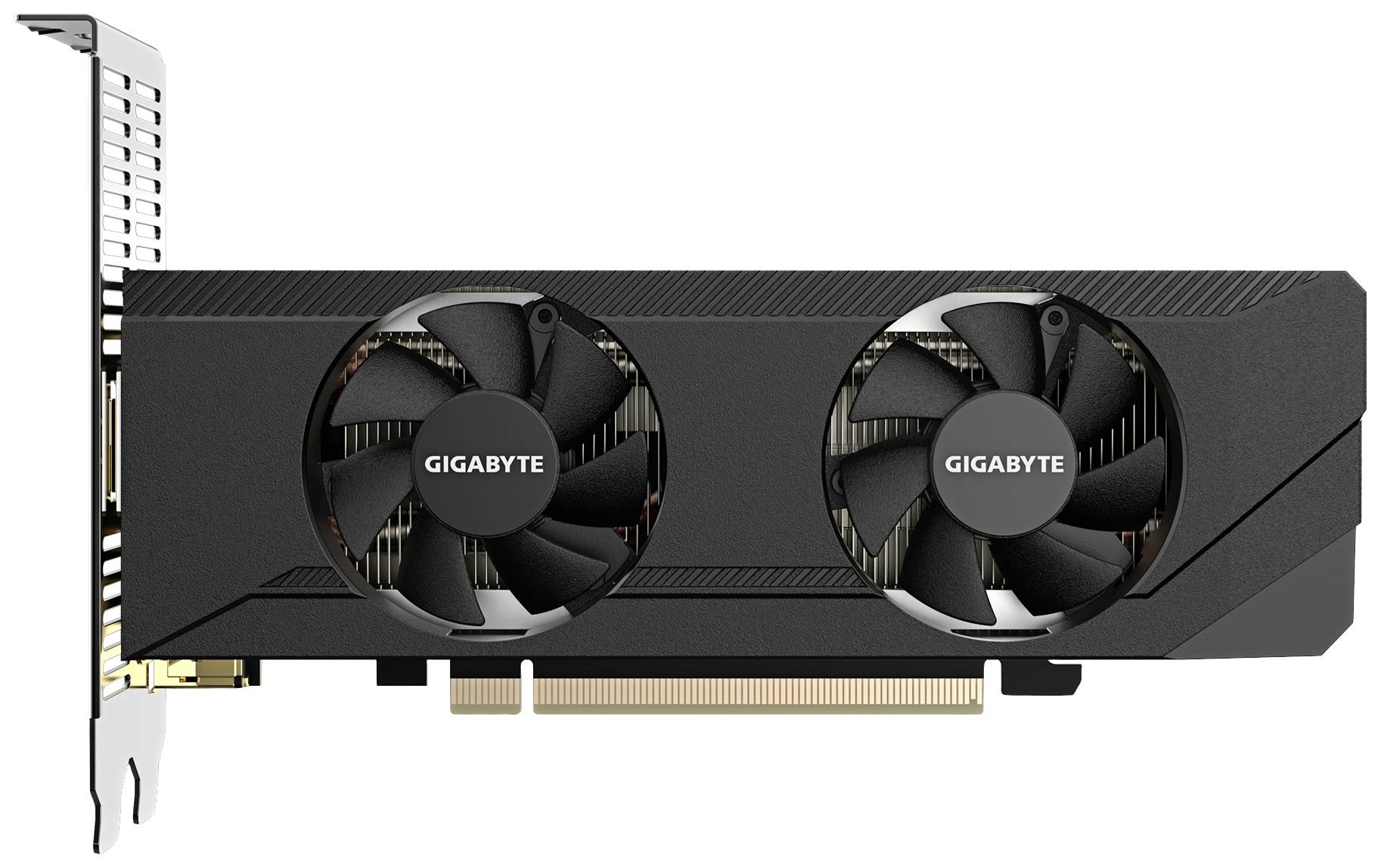 Čierna grafická karta s dvoma ventilátormi, pohľad z boku. Nápis 'GIGABYTE' na ventilátoroch. Vhodná pre výkonný počítačový hardvér.