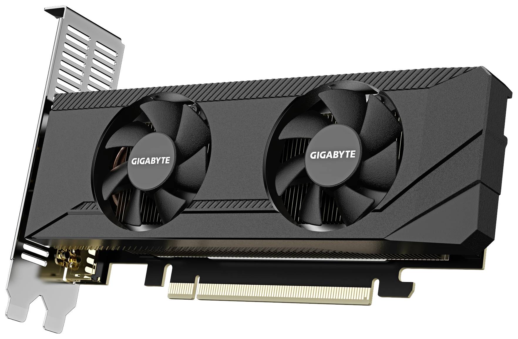 Čierna grafická karta s dvoma ventilátormi od Gigabyte, vhodná pre zostavenie alebo upgradeovanie počítača.