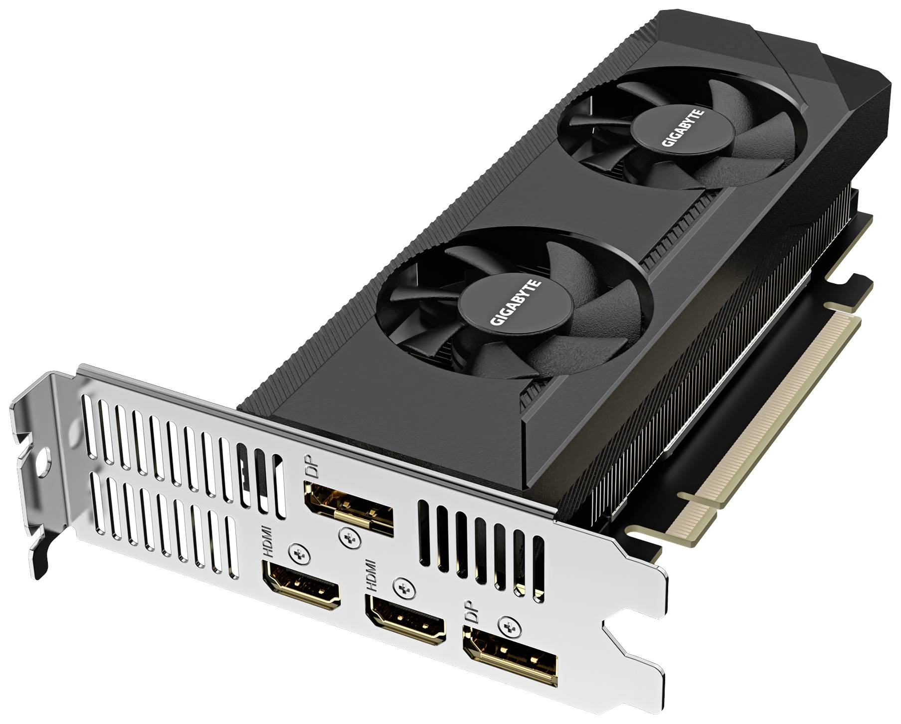 Grafická karta s dvoma ventilátormi a viacerými portami na zadnej strane vrátane HDMI a DisplayPort.
