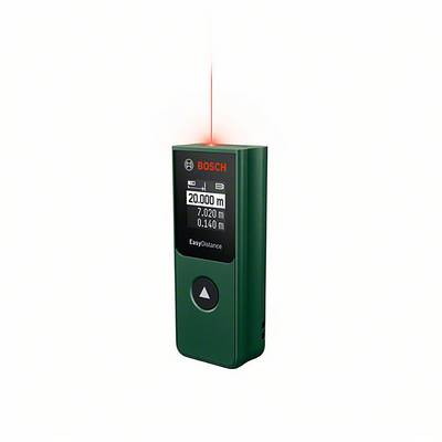 Digitálny laserový diaľkomer so zeleným krytom zobrazuje '20 000 m' na displeji. Hore svieti červený laserový lúč.
