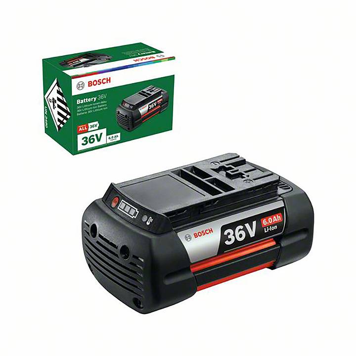 Akumulátorový pack od Boscha, 36V, 6.0Ah, Li-Ion. V pozadí zodpovedajúci obal s informáciami o výrobku.