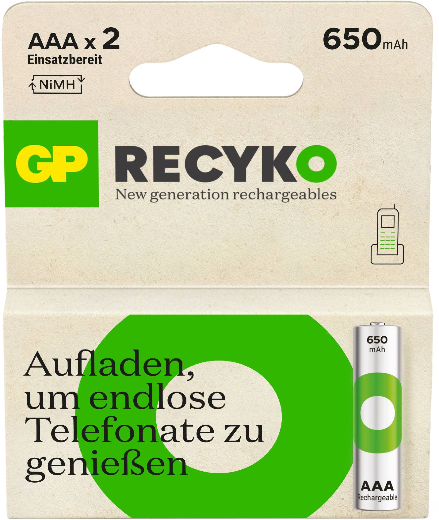Na obale sú zobrazené dve nabíjateľné AAA batérie značky GP ReCyko, 650 mAh, vhodné pre nekonečné telefonáty.