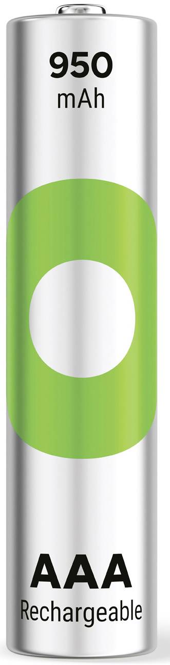 Nabíjateľná AAA batéria s kapacitou 950 mAh, strieborná so zeleným pružkom.