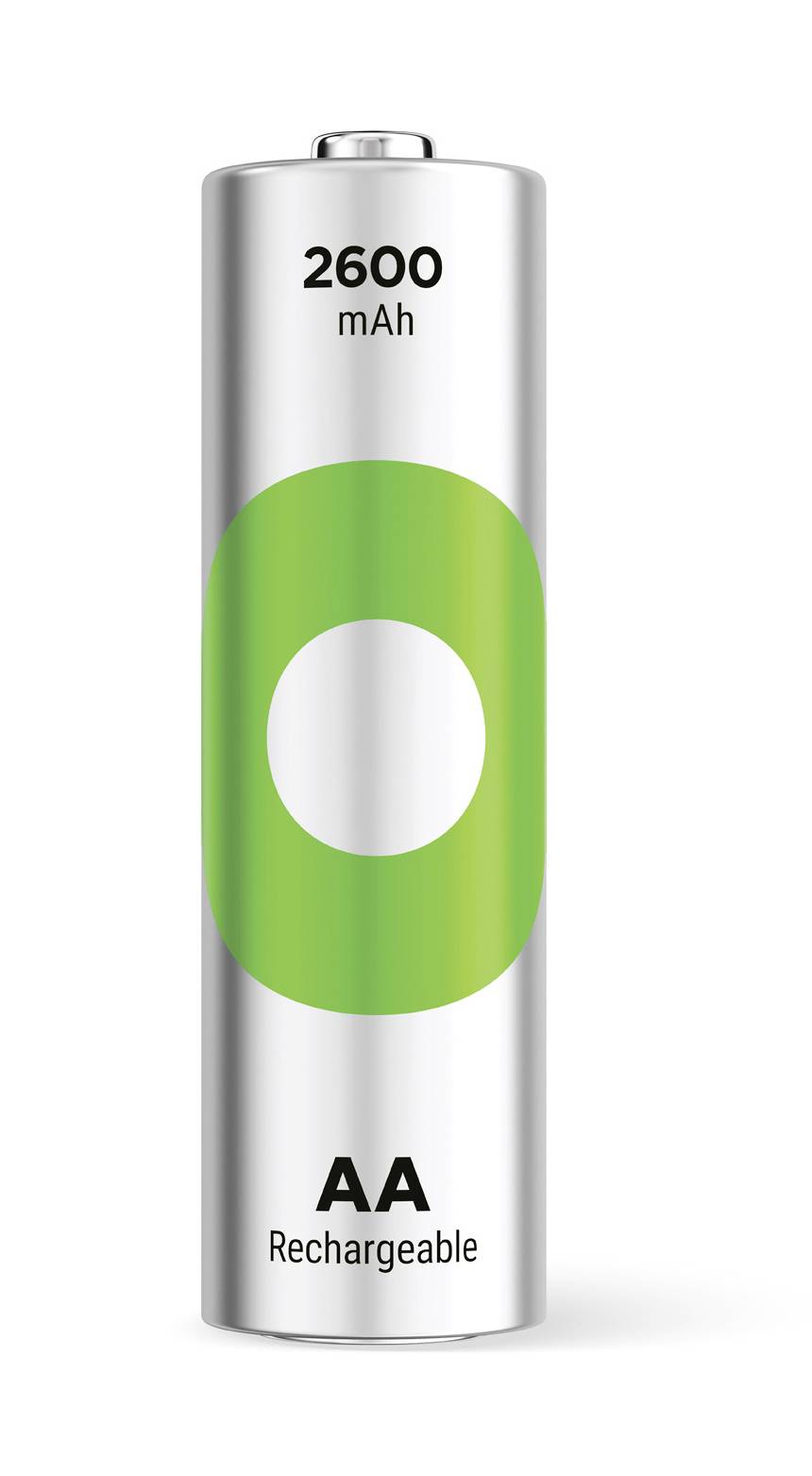 Nabíjateľná AA batéria s kapacitou 2600 mAh, strieborná so zeleným akcentom.