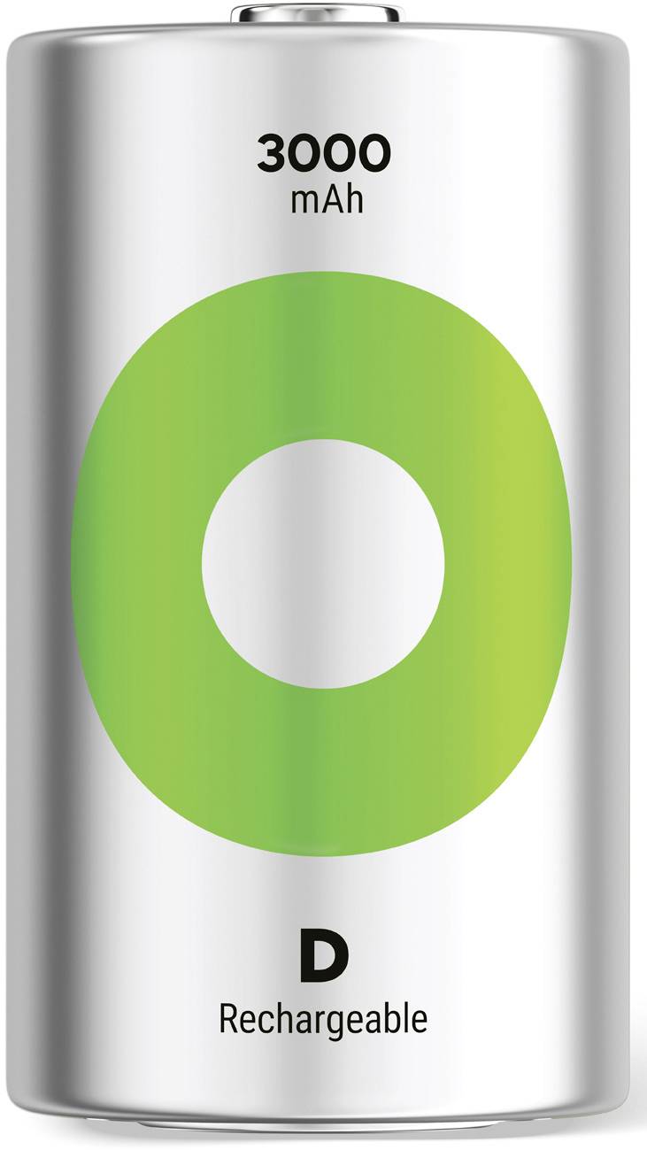 Dobíjateľná D batéria s kapacitou 3000 mAh. Strieborný obal so zeleným kruhovým vzorom na prednej strane.