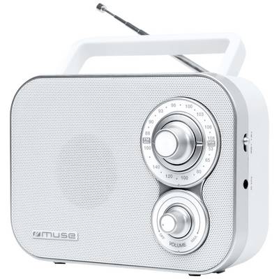 Biele retro rádio s dvoma veľkými otočnými gombíkmi na frekvenciu a hlasitosť, logo značky v ľavom dolnom rohu, vysunutá anténa hore.