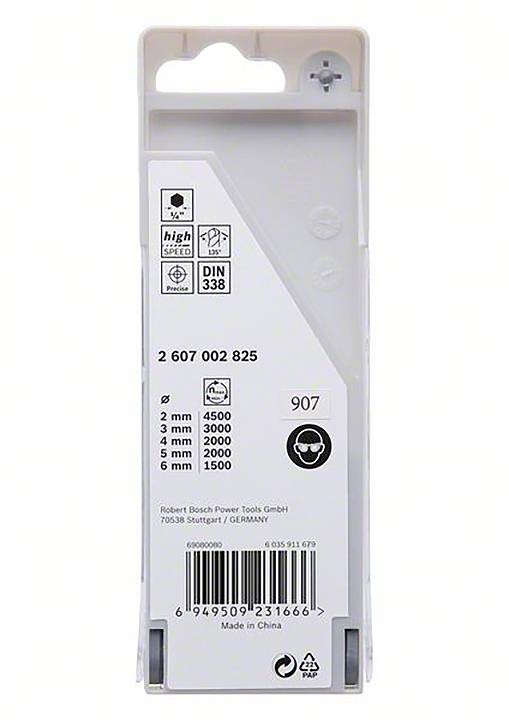 Zadná strana obalu vrtáku. Zobrazuje detaily ako veľkosti vrtákov (3 mm až 6 mm), typ vrtáku a informácie o výrobcovi.