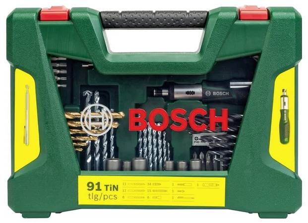 Sada 91-dielna vrtákov Bosch v zelenom a žltom puzdre s rôznymi vrtákmi a rukoväťou. Obsahuje rôzne veľkosti na rôzne úlohy.