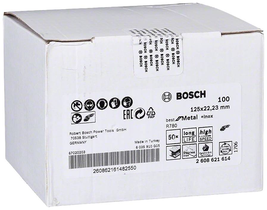 Biely kartón značky Bosch s nápisom: '125x22,23 mm', vhodný pre kov. Obsahuje symboly bezpečnosti a špecifikácií.