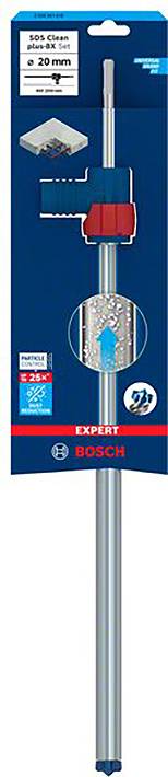 'BOSCH Expert' nástroj na rezanie dlaždíc, zabalený v modrej krabici, priemer 20 mm, zobrazuje príklad použitia.