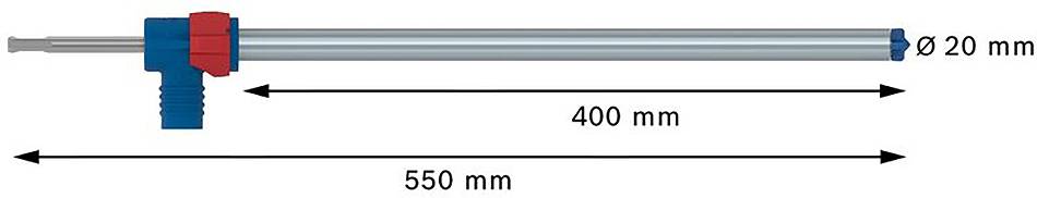 Kovová trubka s modrou ochrannou objímkou na rukoväti a červenou koncovkou. Celková dĺžka 550 mm, z toho 400 mm trubka, priemer 20 mm.