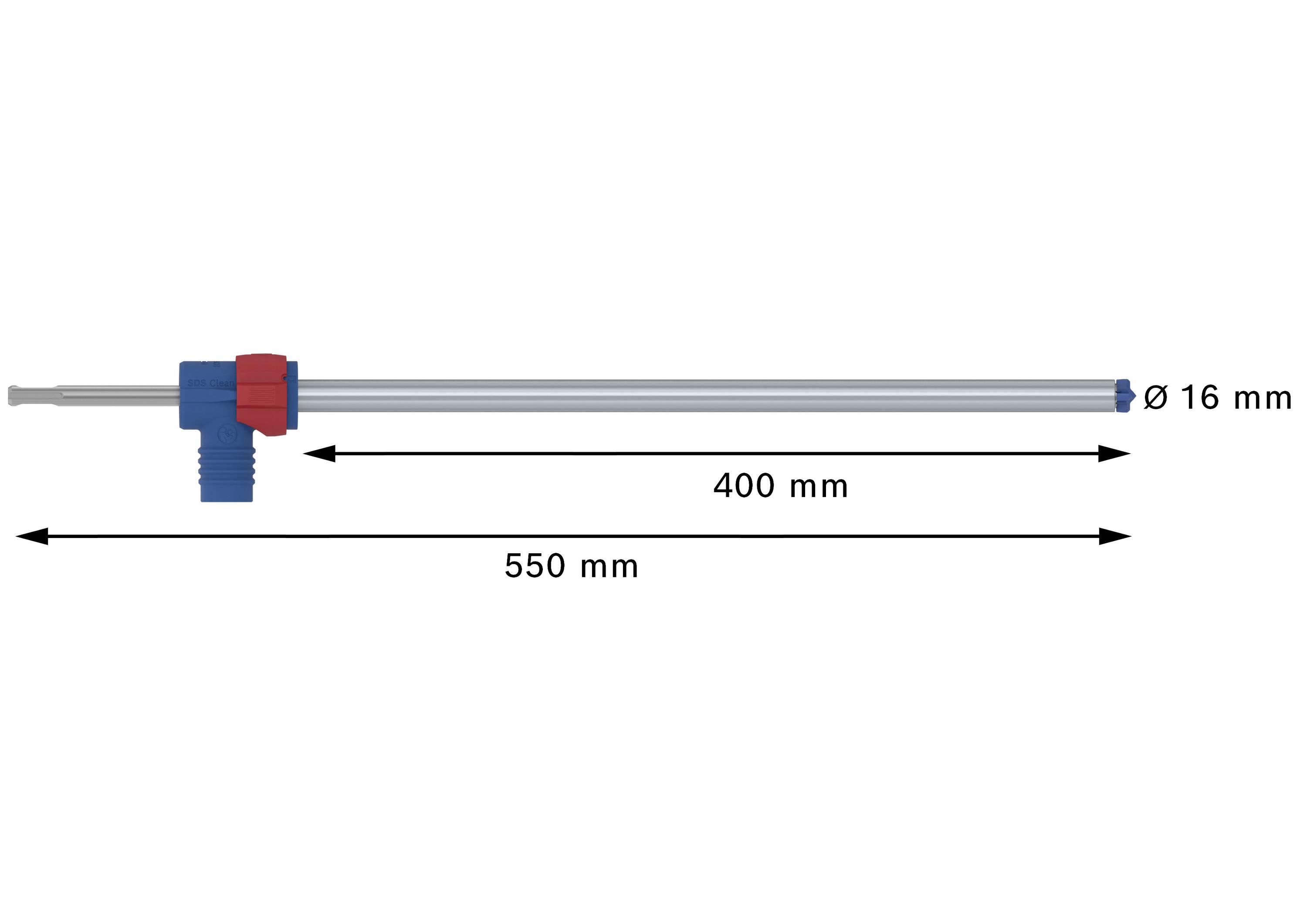 Kresba kovového potrubia dĺžky 550 mm, priemer 16 mm, s červeným a modrým pripojovacím kusom.