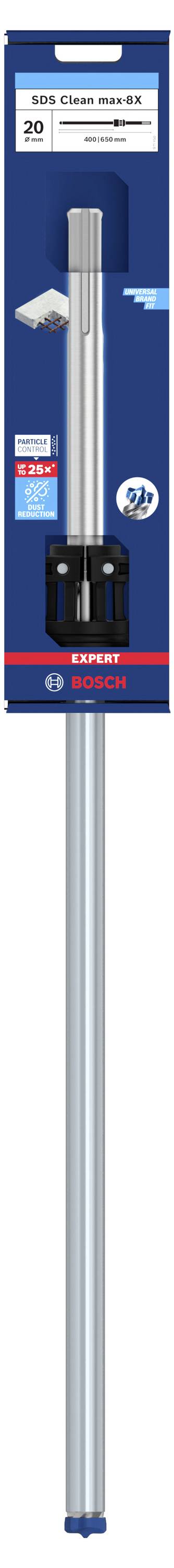 Obal vrtákov značky Bosch, na ktorom je zobrazený vrták do betónu s priemerom 20 mm. Obal je modrý s údajmi o produkte.