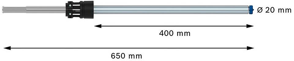 Valcová tyč s priemerom 20 mm a celkovou dĺžkou 650 mm. Vzdialenosť medzi dvoma meracími bodmi je 400 mm.