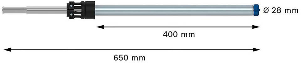 Hydraulický valec s celkovou dĺžkou 650 mm. Priemer je 28 mm a zdvih 400 mm.