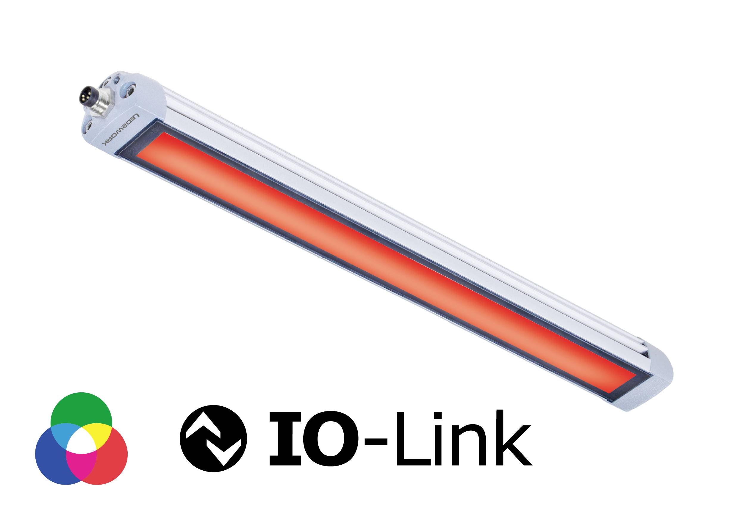 LED svetelná jednotka podlhovastého tvaru so červeným svietením. V spodnej časti sa nachádzajú logá IO-Link a farebný symbol.