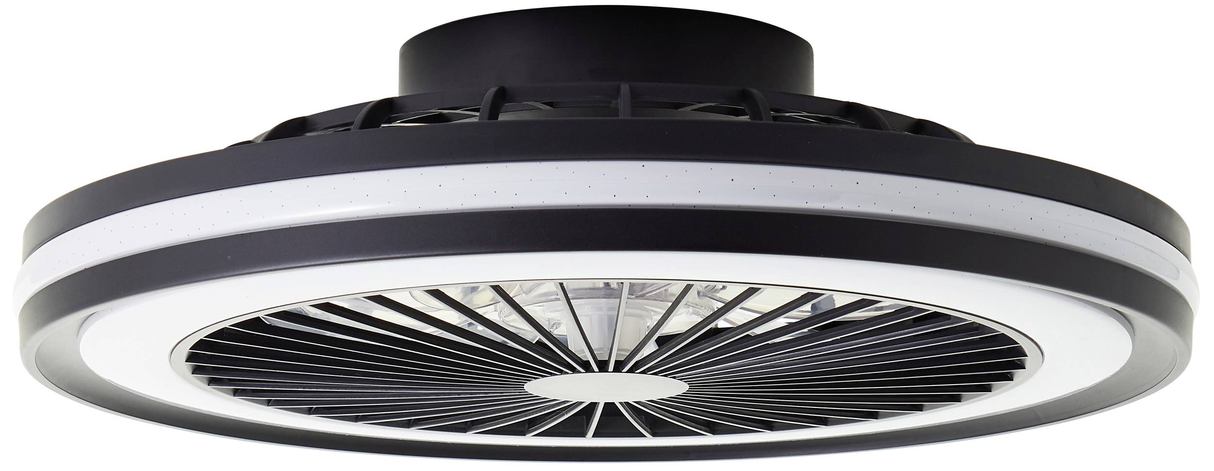 Plochý, okrúhly stropný ventilátor v čierno-bielom prevedení s moderným dizajnom. Ideálny pre cirkuláciu vzduchu v interiéroch.