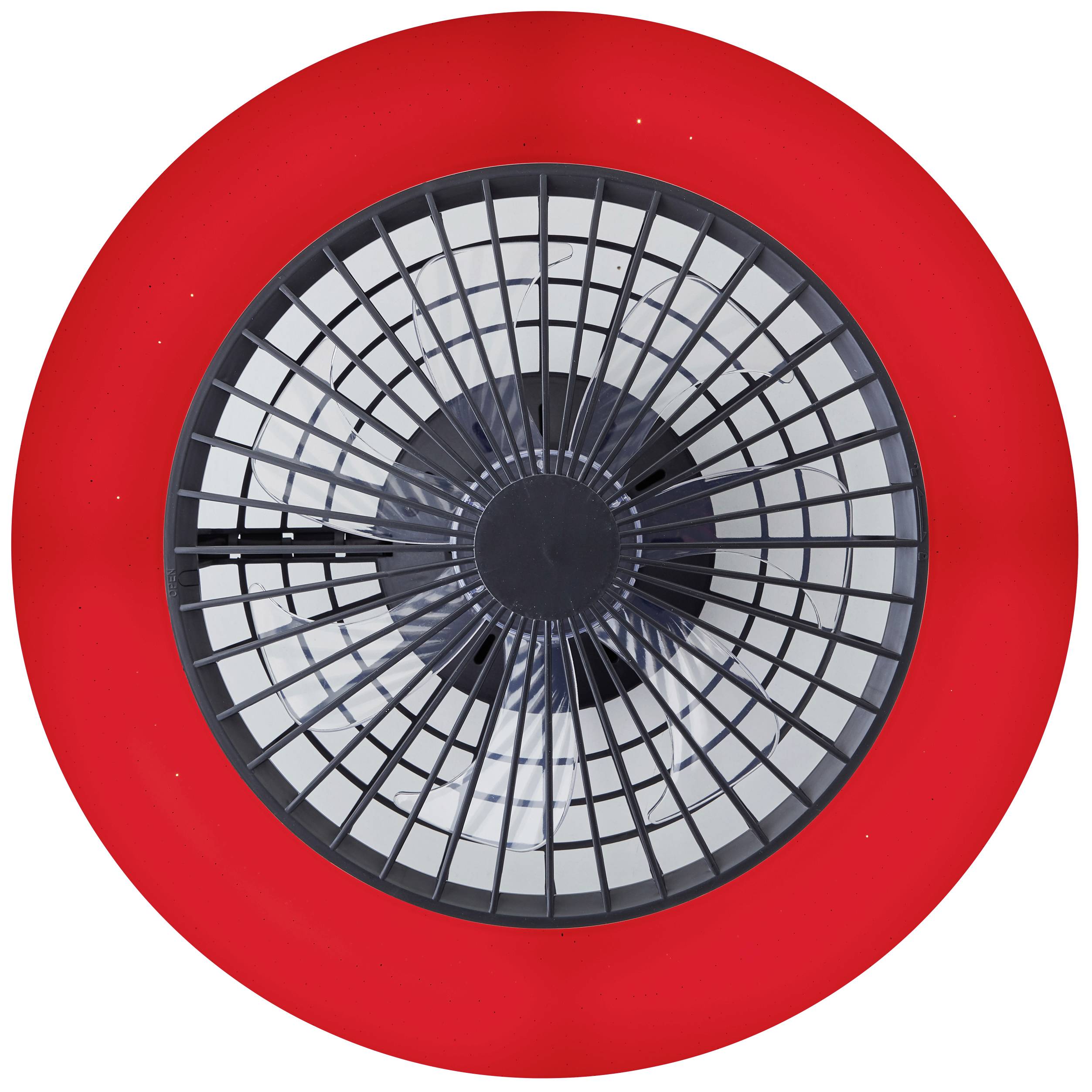 Guľatý stropný ventilátor s čiernou mriežkou, centrovaný na jasne červenom pozadí.