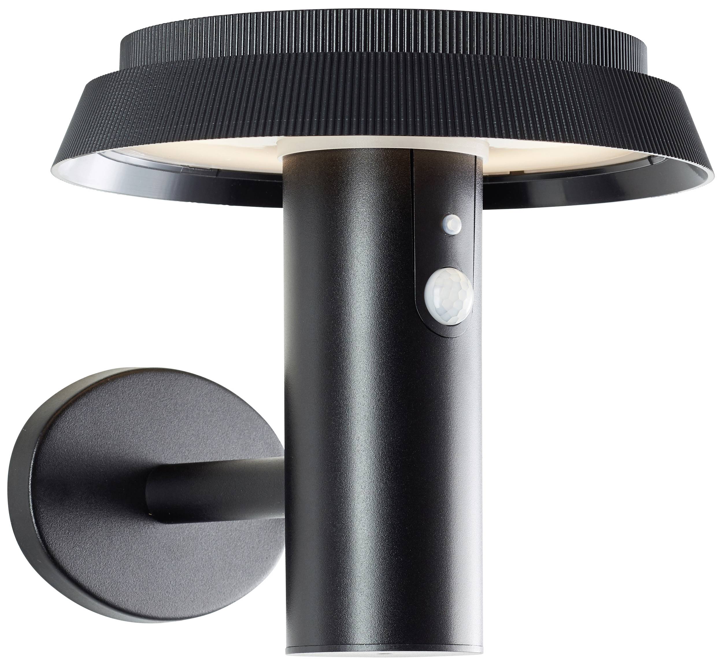 Nástenná lampa v modernom dizajne s okrúhlym čiernym tienidlom. Má pohybový senzor a svieti smerom nadol.