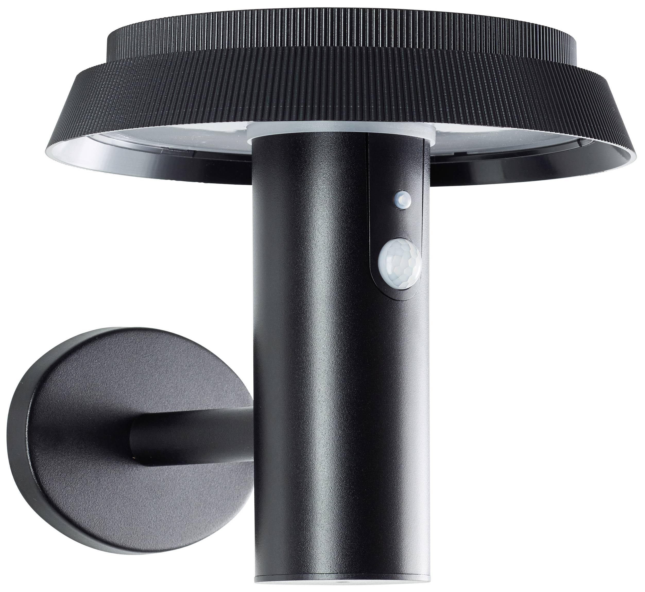 Čierna, moderná vonkajšia lampa na nástennom držiaku s valcovitým telesom a pohybovým senzorom, vhodná do exteriéru.