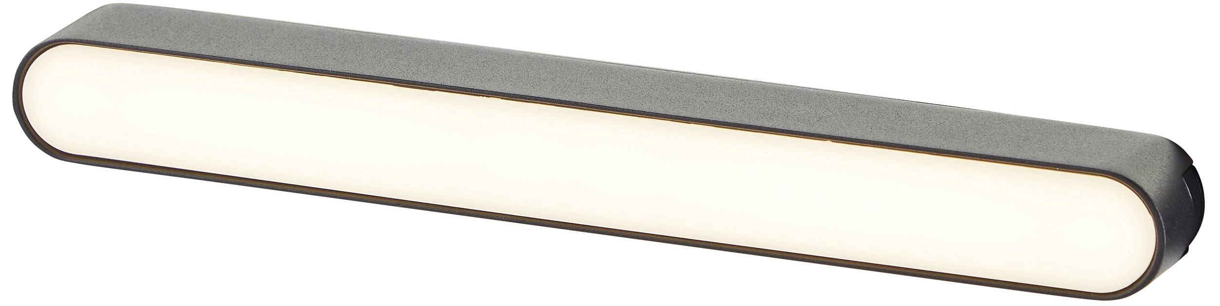 Jednoduchá, podlhovastá LED lampa so zaoblenými rohmi, ktorá vyžaruje tlmené, teplé biele svetlo.