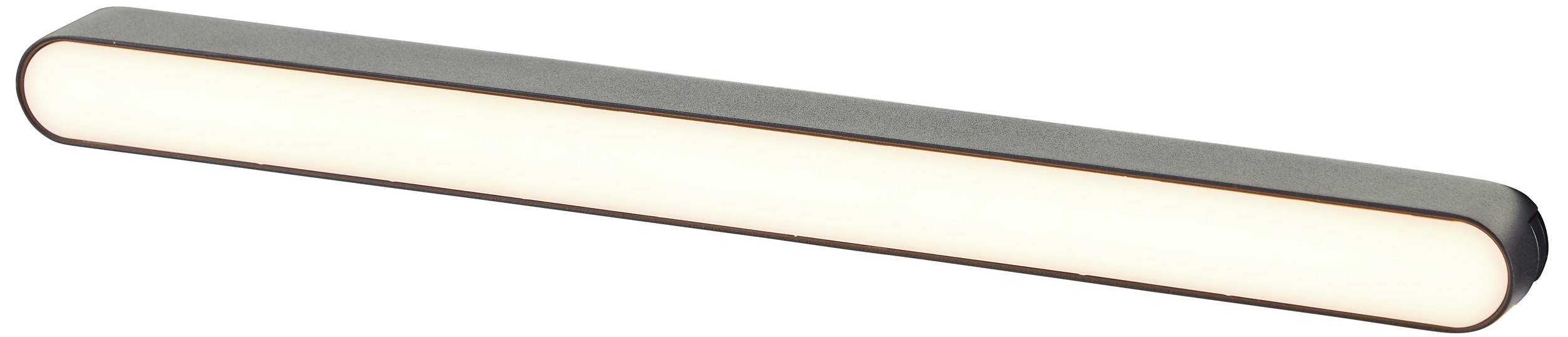 Podlhovastá, moderná LED lampa so zaoblenými rohmi, ktorá rovnomerne vyžaruje teplé biele svetlo.