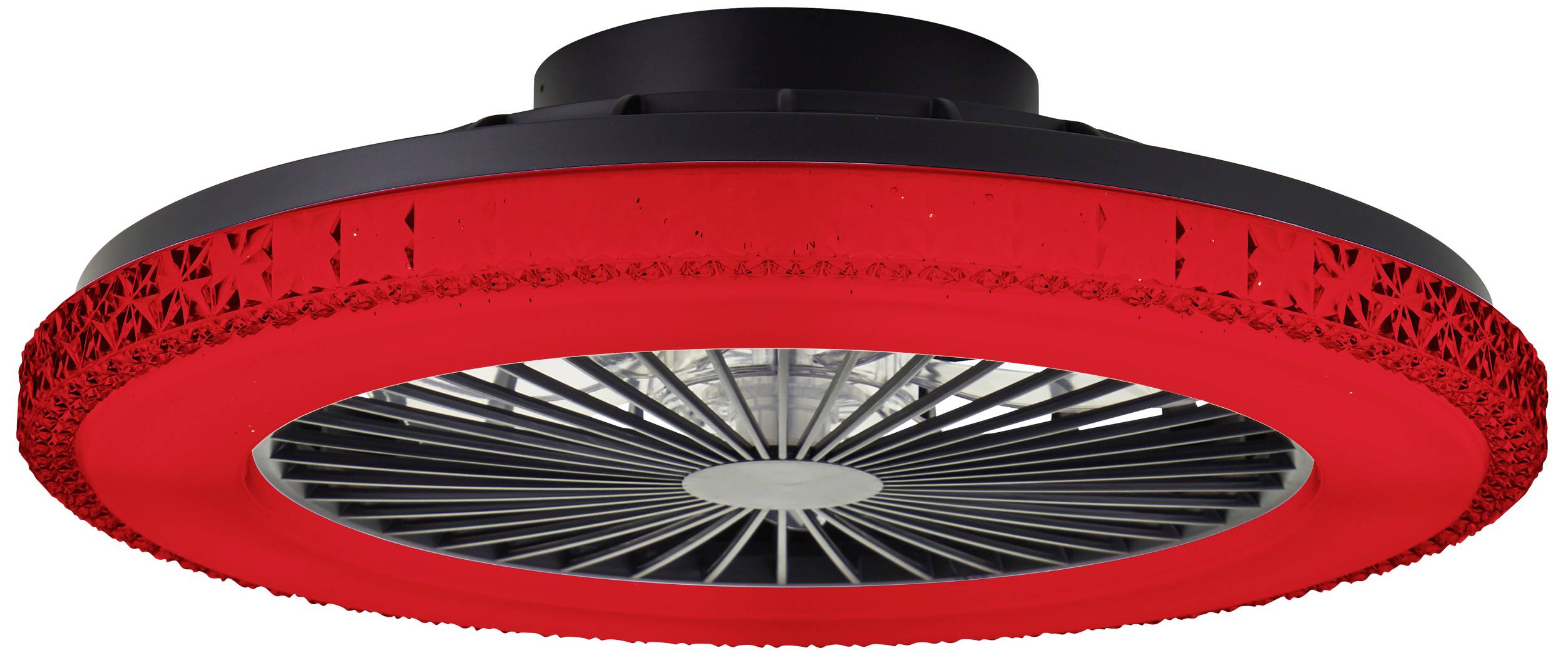 Okrúhle svetlo s červeným dekoratívnym rámom a čiernym púzdrom. Vhodné na montáž na strop a poskytuje štýlové osvetlenie.