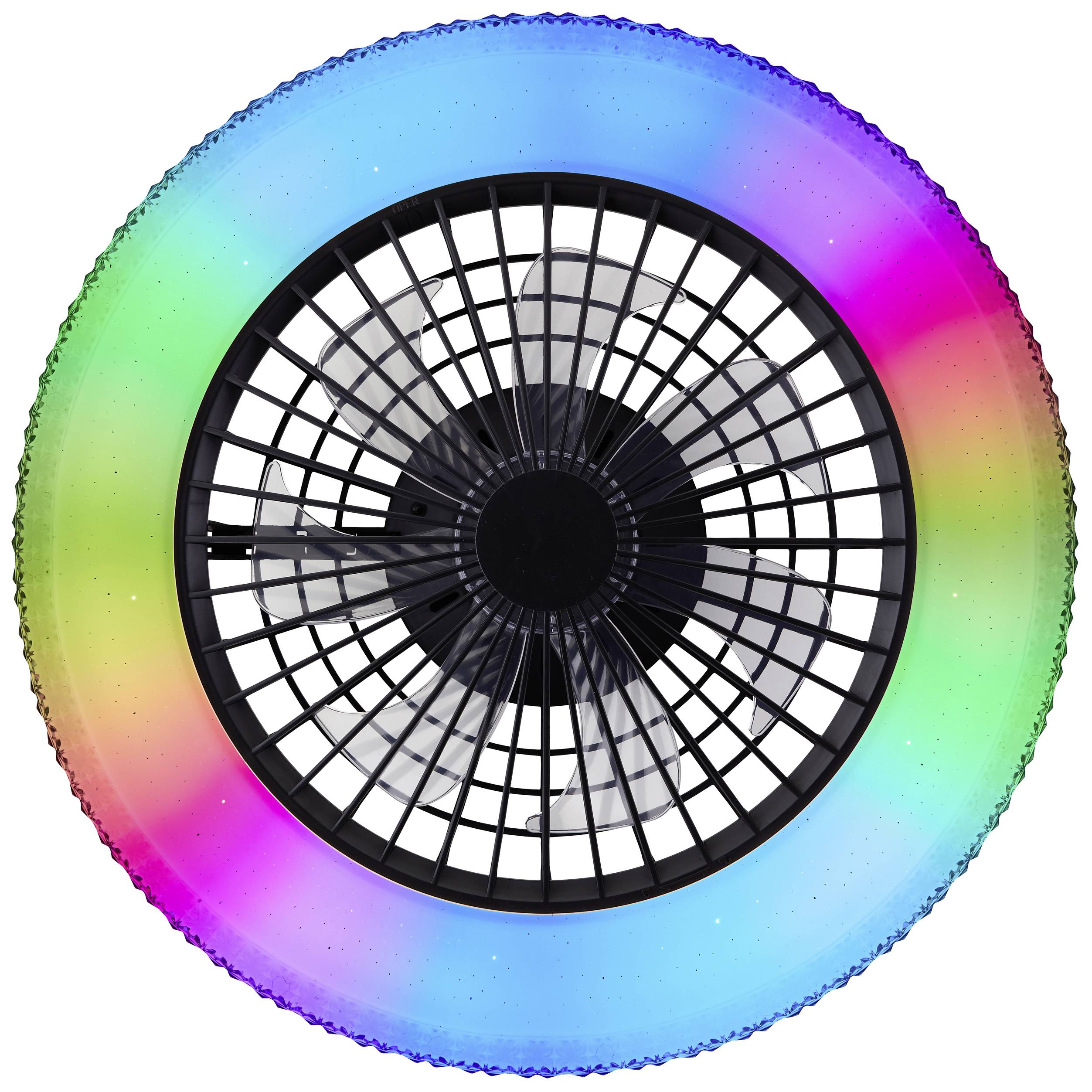 Plavací kruh s čiernym mriežkovaným vzorom a dúhovou LED podsvietením, ktorý svieti. Kruhový dizajn pre vodné aktivity.