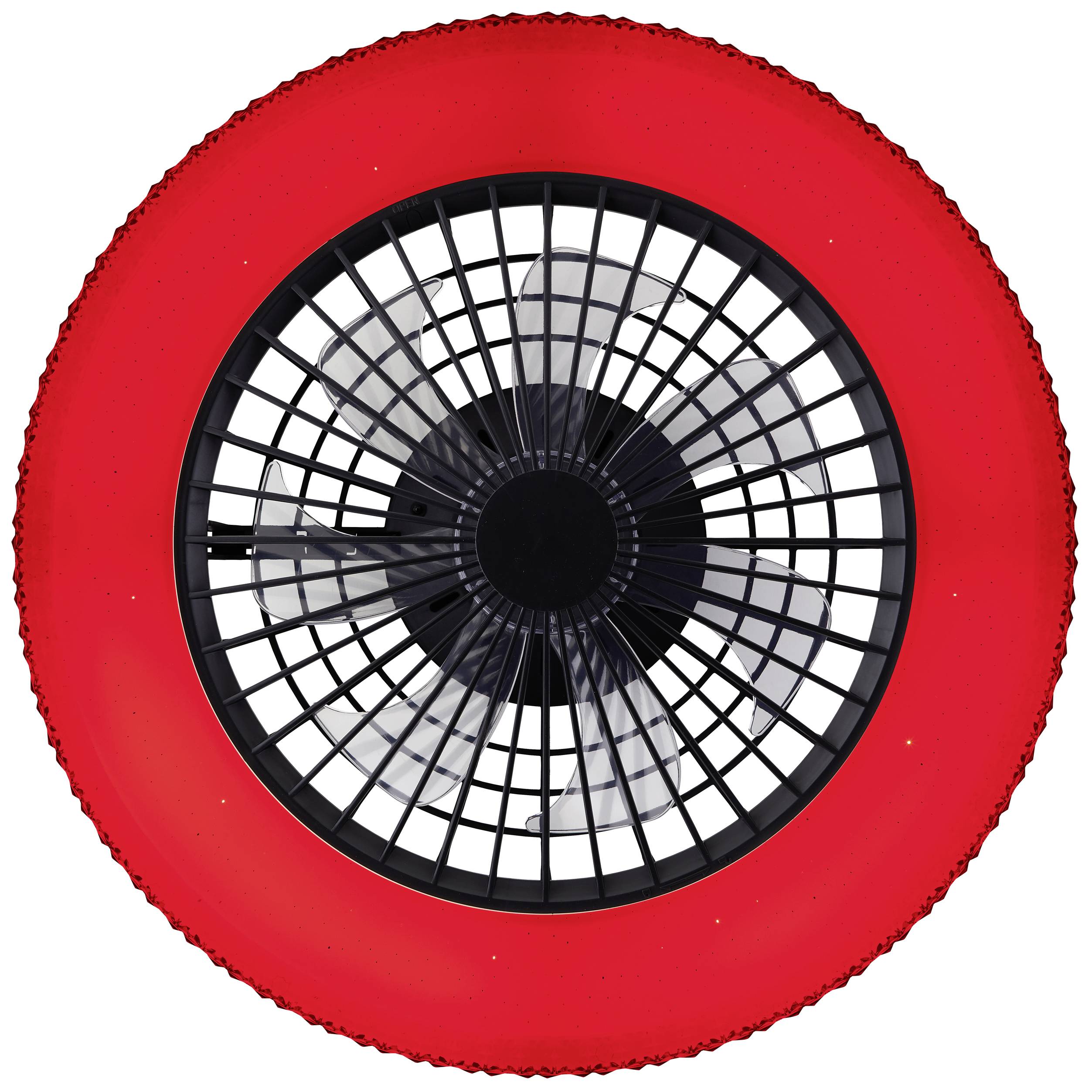 Červený ventilátor z pohľadu zhora ukazuje kruhovitý tvar s mriežkou a rotačnými listami v strede.