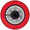 Červený ventilátor z pohľadu zhora ukazuje kruhovitý tvar s mriežkou a rotačnými listami v strede.