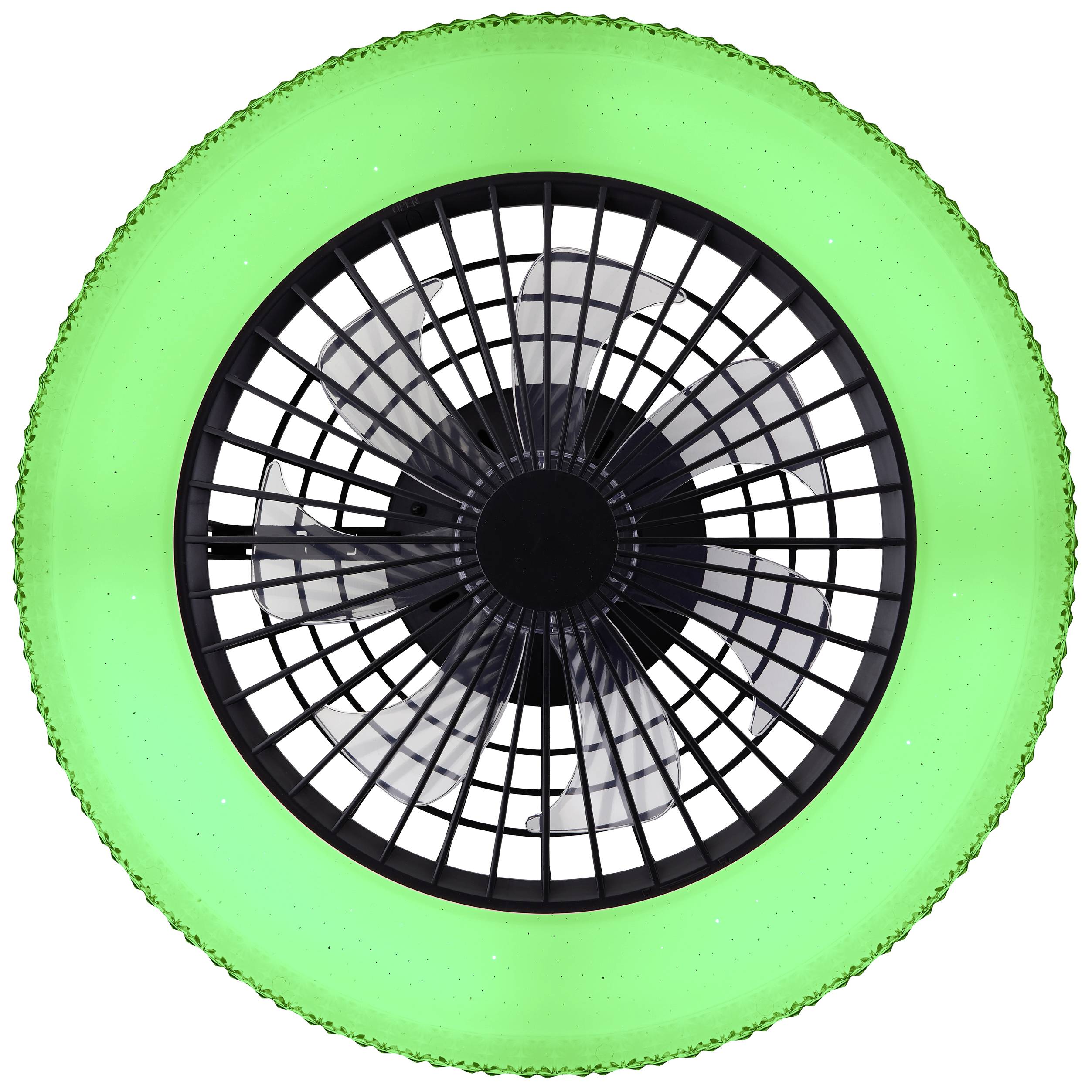 Čierny ventilátor zhora, za mriežkou, obklopený žiarivo zeleným prsteňom.