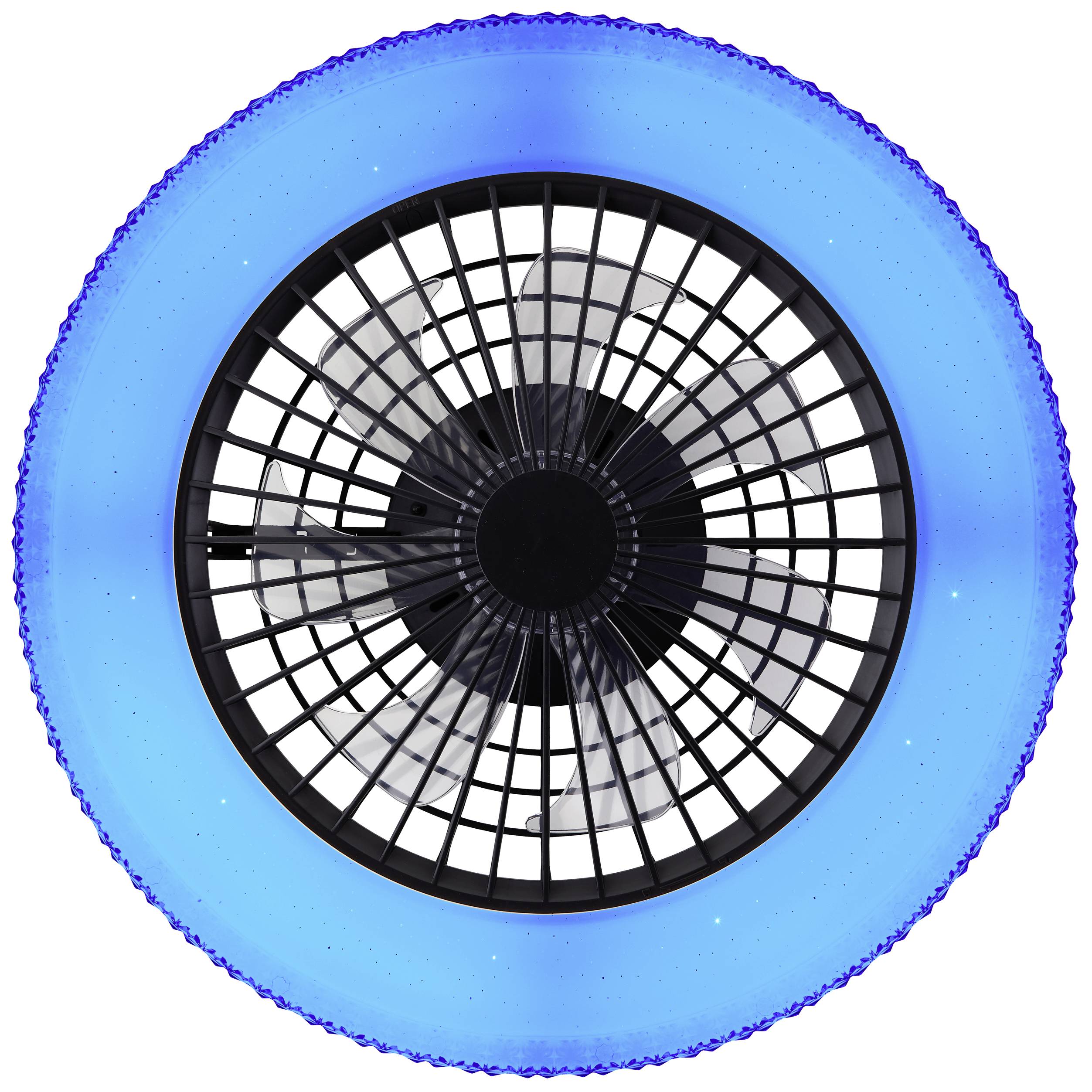 Modrý, okrúhly plavecký kruh s vytlačeným obrázkom ventilátora v strede.