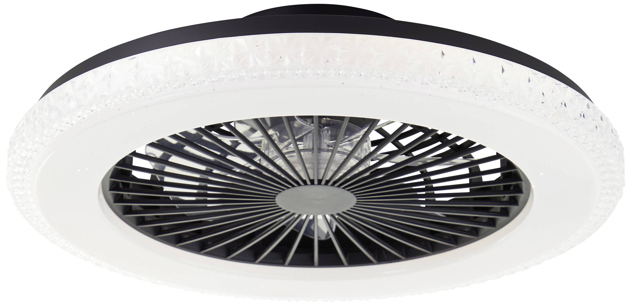 Moderný stropný ventilátor s okrúhlym bielym krytom a priehľadnými prvkami. Vnútri viditeľné lopatky rotora.