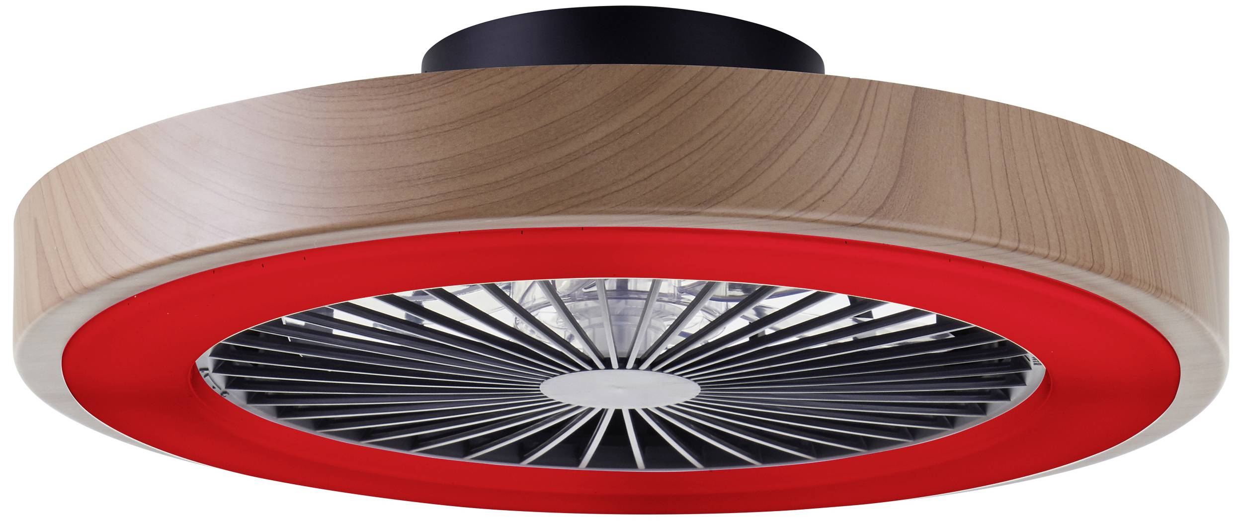 Okrúhly, moderný ventilátor s krytom v drevonovej farbe a jasne červeným LED prsteňom na okraji.