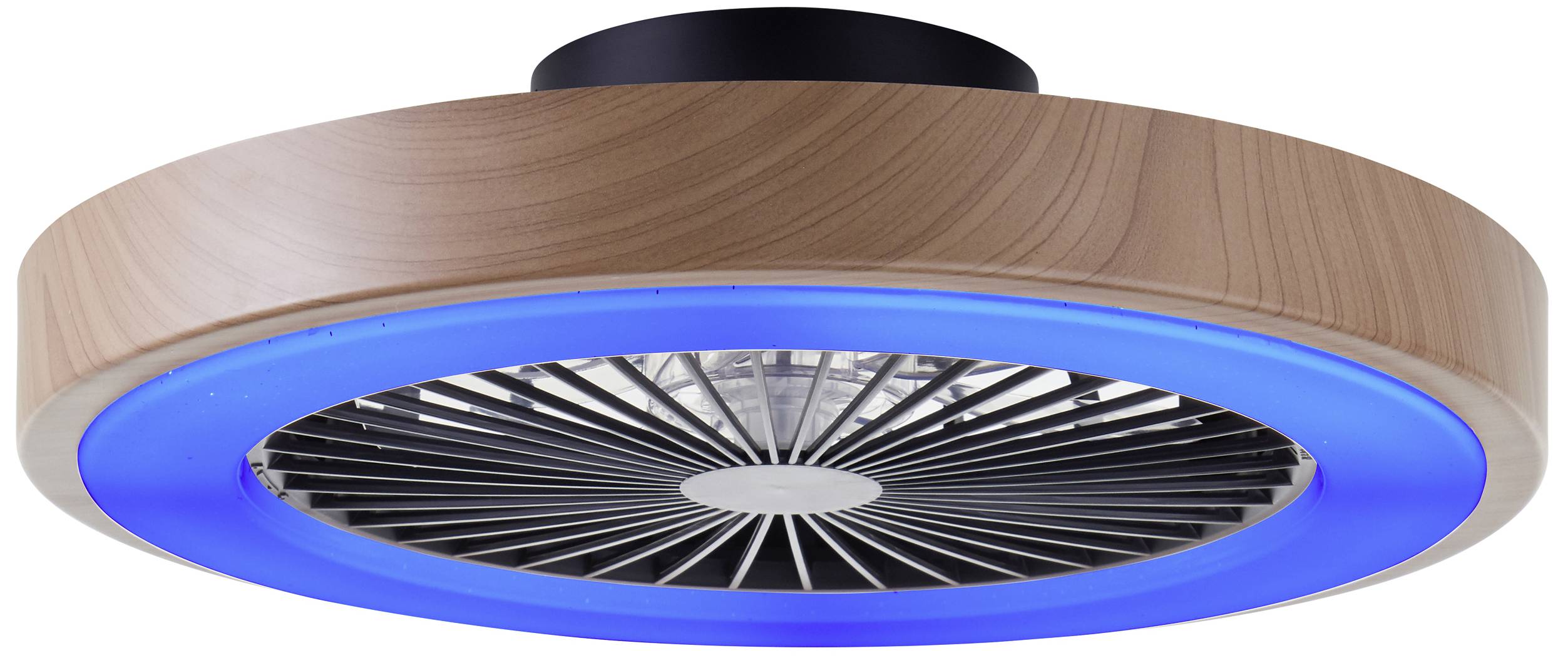 Stropný ventilátor s dizajnom dreva a modrým LED svetelným prsteňom.