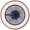 Okrúhly stropný ventilátor s rámom v drevo-podobnom dizajne a čiernou mriežkou. Vnútri biela, svietiaca plocha. Moderný, minimalistický vzhľad.