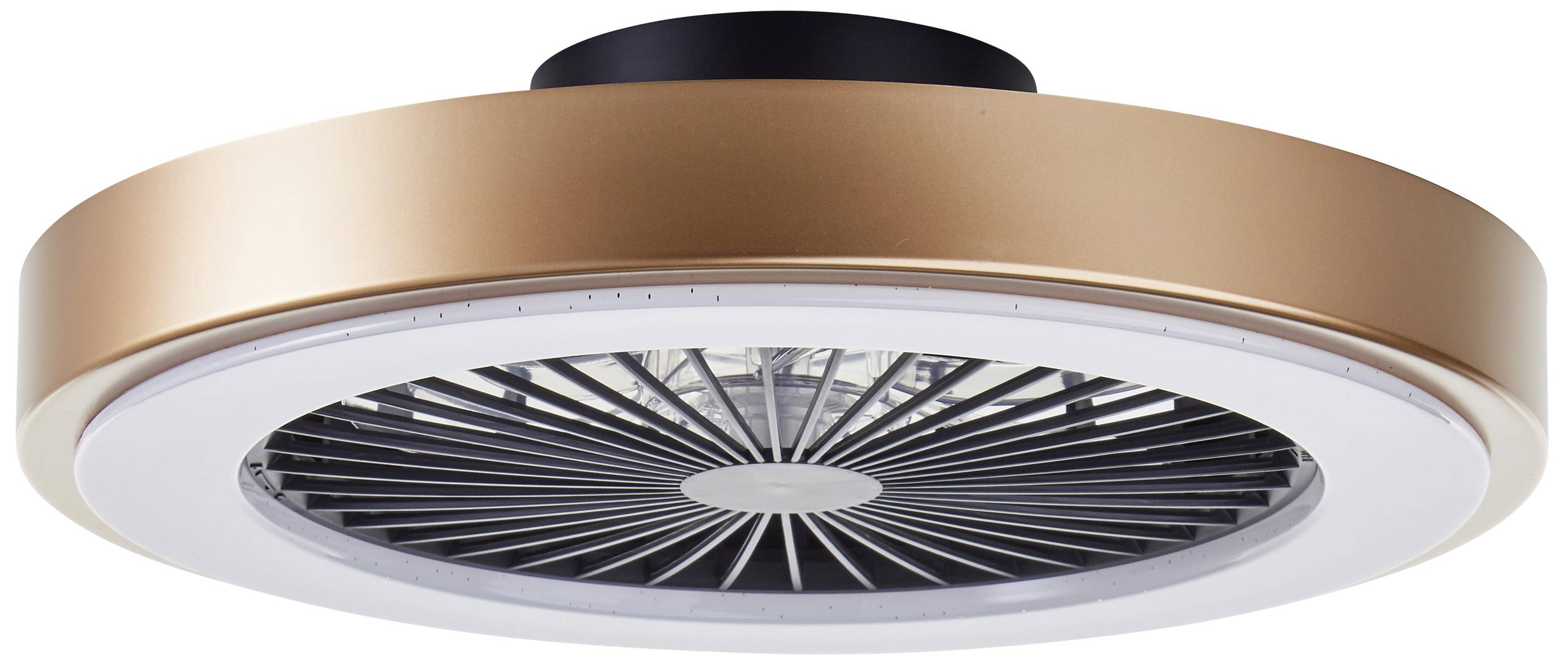 Guľatý, moderný stropný ventilátor v medenej farbe s integrovaným ventilátorom a bielymi svetelnými prvkami, pohľad zdola.