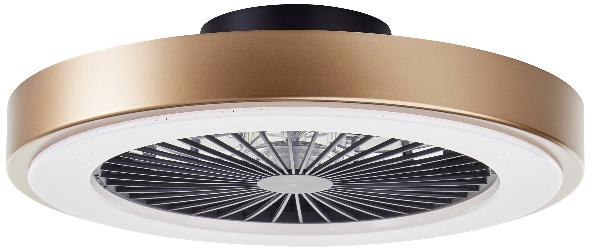 Kruhové stropné svietidlo v medenej úprave so zabudovaným ventilátorom.