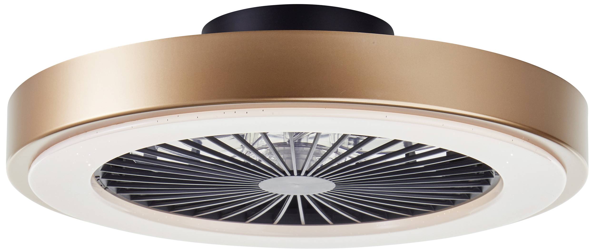 Moderný, okrúhly stropný ventilátor so svietidlom v zlatom ráme so stredovým čiernym mriežkovým vzorom.